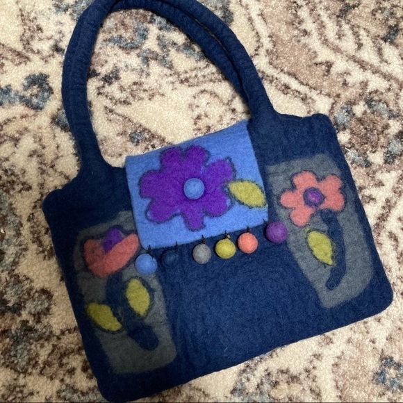 Rising Tide Blue Wool Shoulder Purse with Flower and Pompom Details - Picture 2 of 8